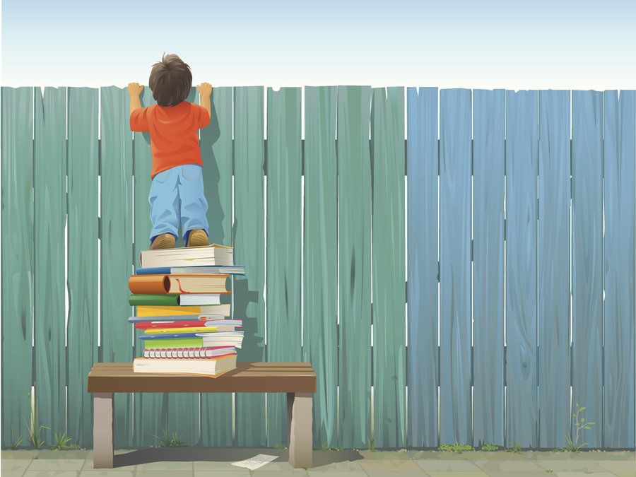 curiosity boy looking over a fence